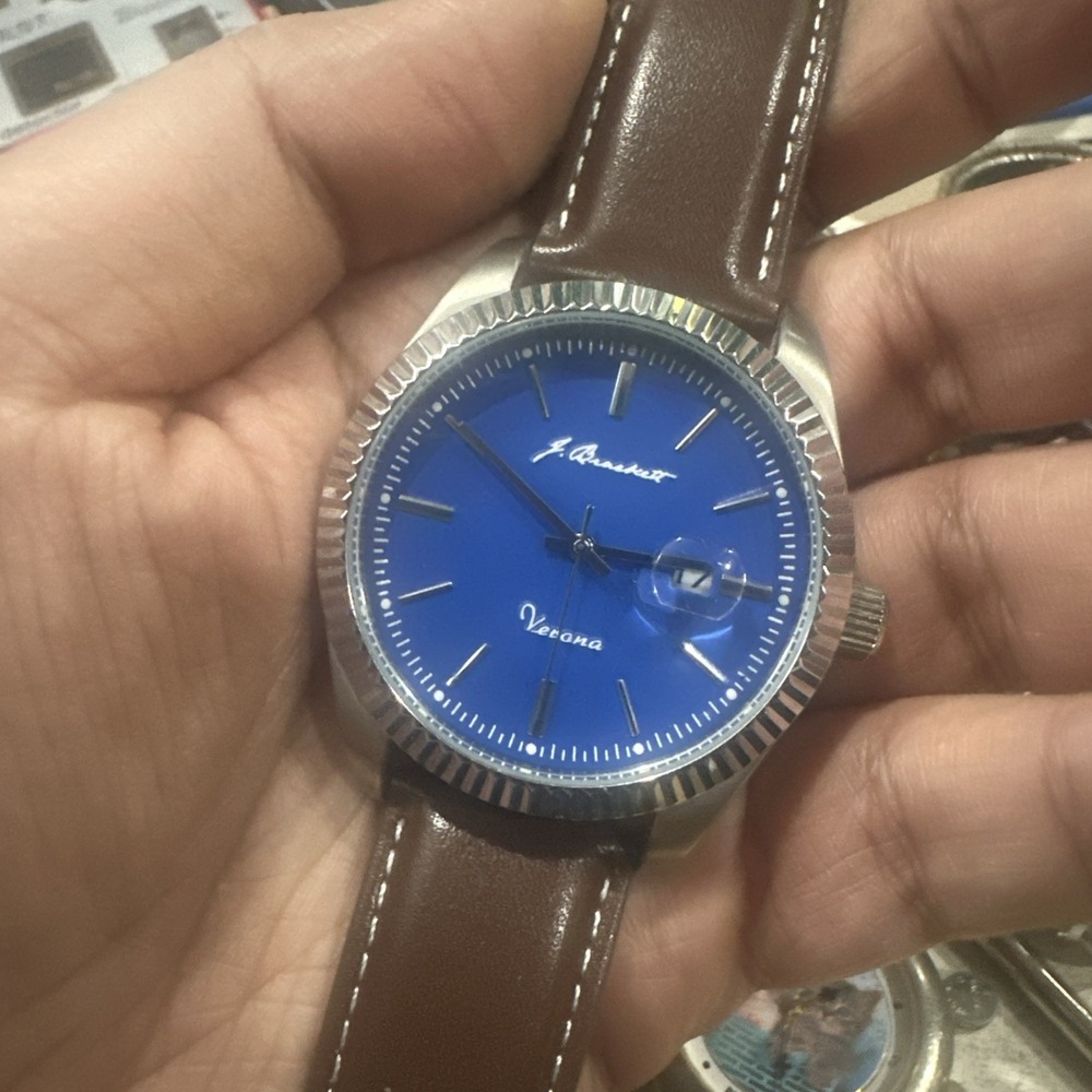Working J. Brackett Mens Watch 43mm Verona Blue Dial Brown Leather Quartz 5 ATM